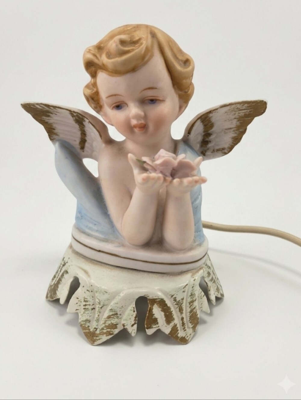 Vintage 60s Aladdin Giftware Gilded Bisque Porcelain Angel Night Light Lamp